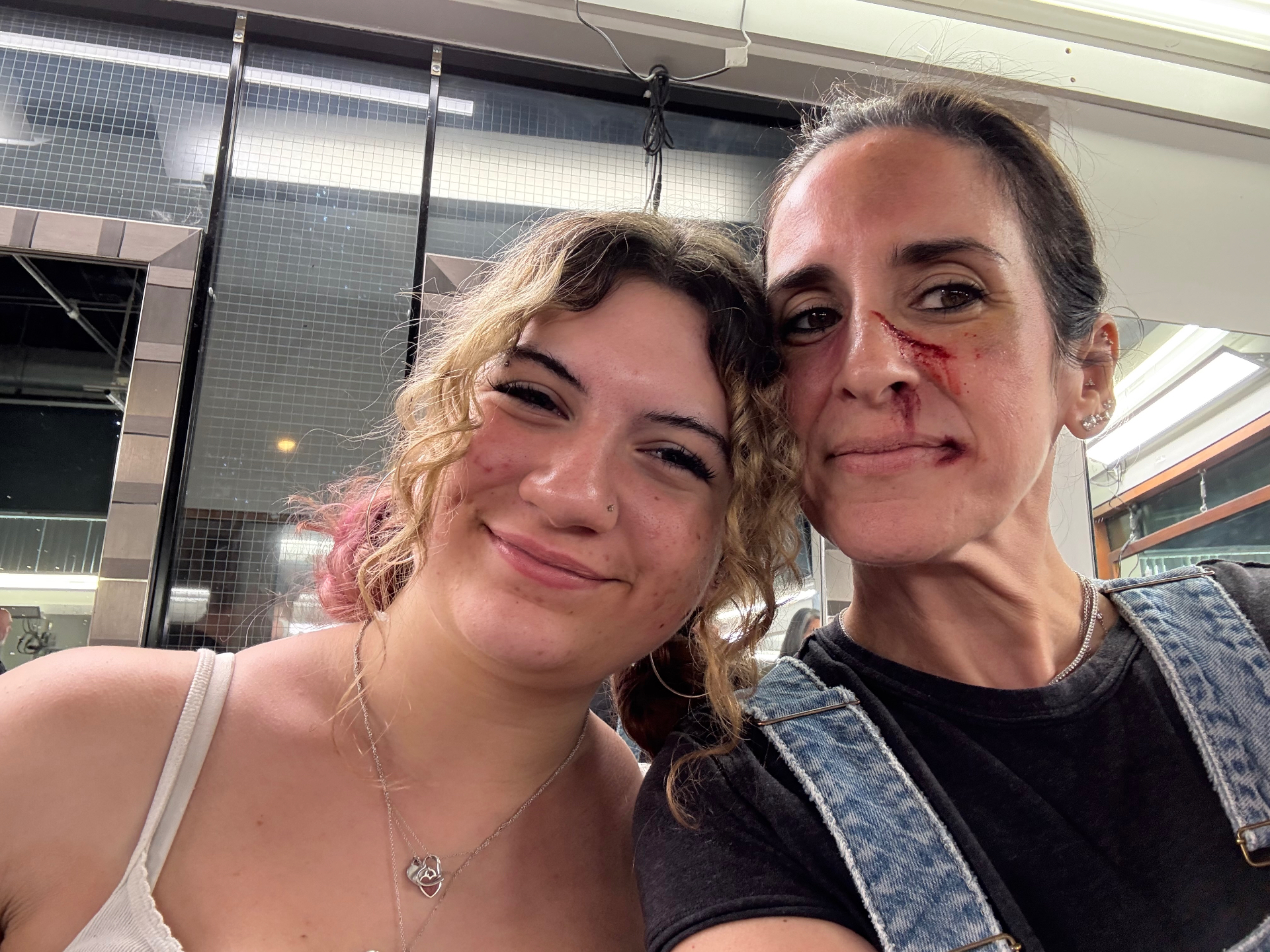 Sophia with model wearing her wound and bruise makeup